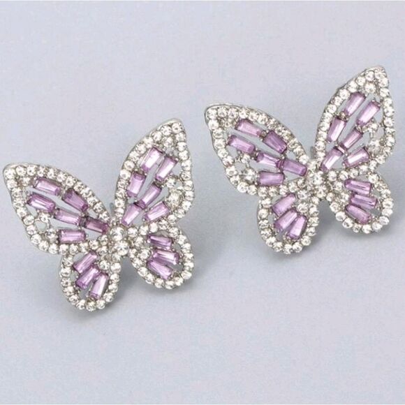 Silver Purple Butterfly Rhinestone Stud Earrings - Picture 2 of 4